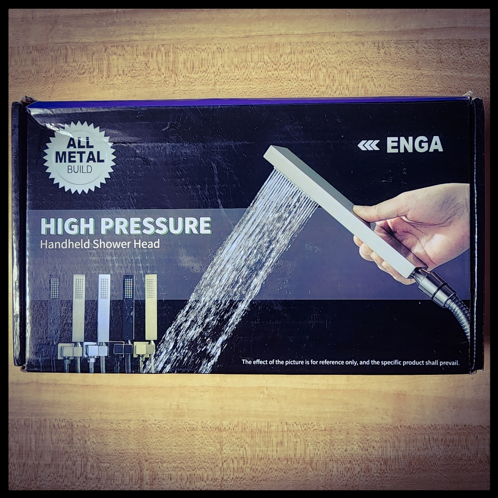 NEW! ENGA Square Brushed Gold Hand Held Shower Head With Wall Connector and Hose